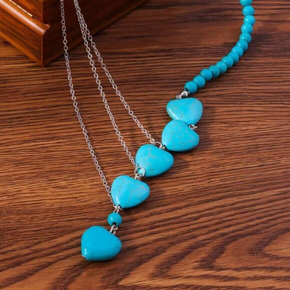 NEW Maebel Turquoise Blue Stone Heart Layered Drop Necklace - Picture 2 of 4